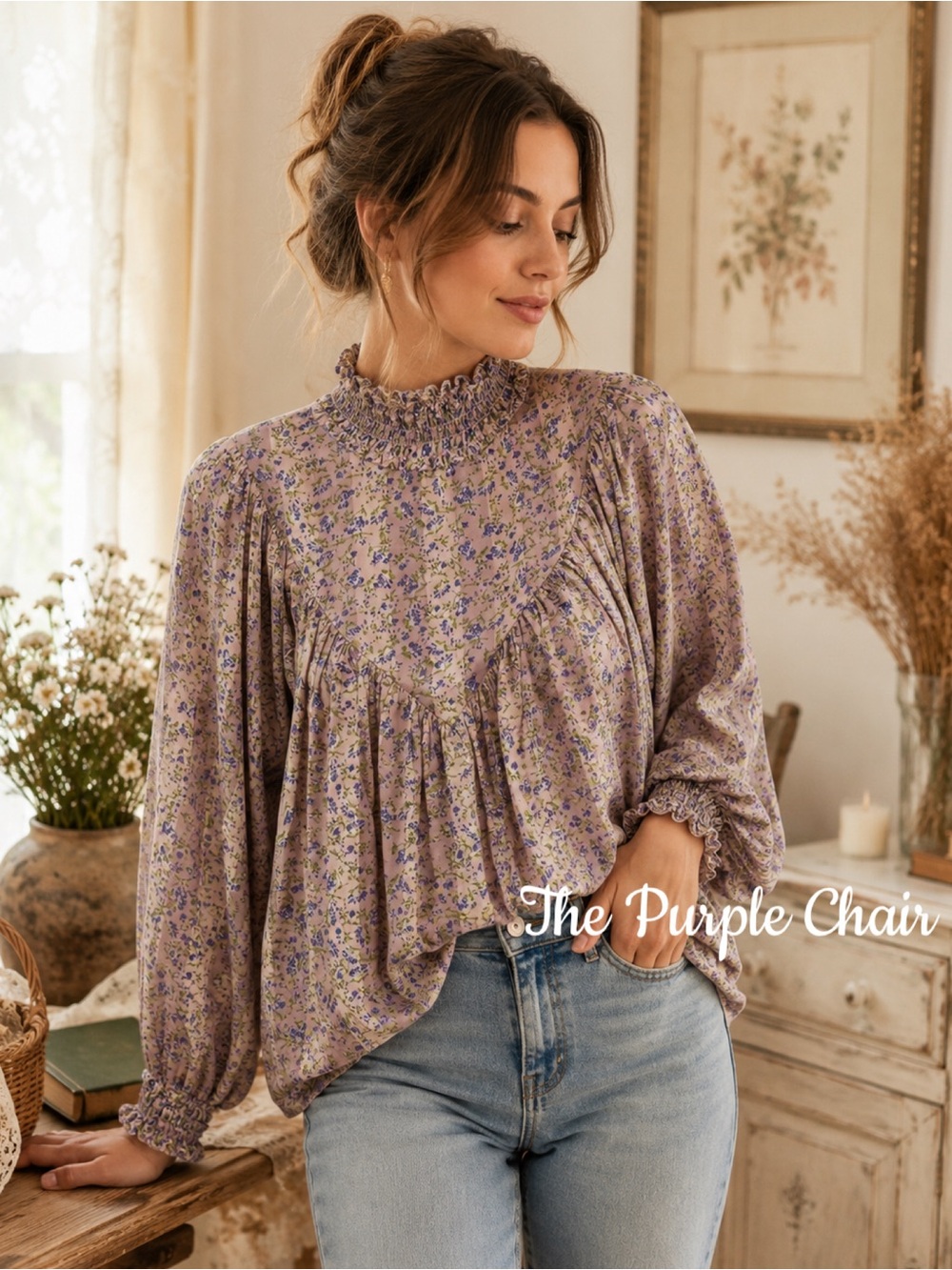ASOS NWT Floral Satin Balloon Sleeve Mock Neck Top 8